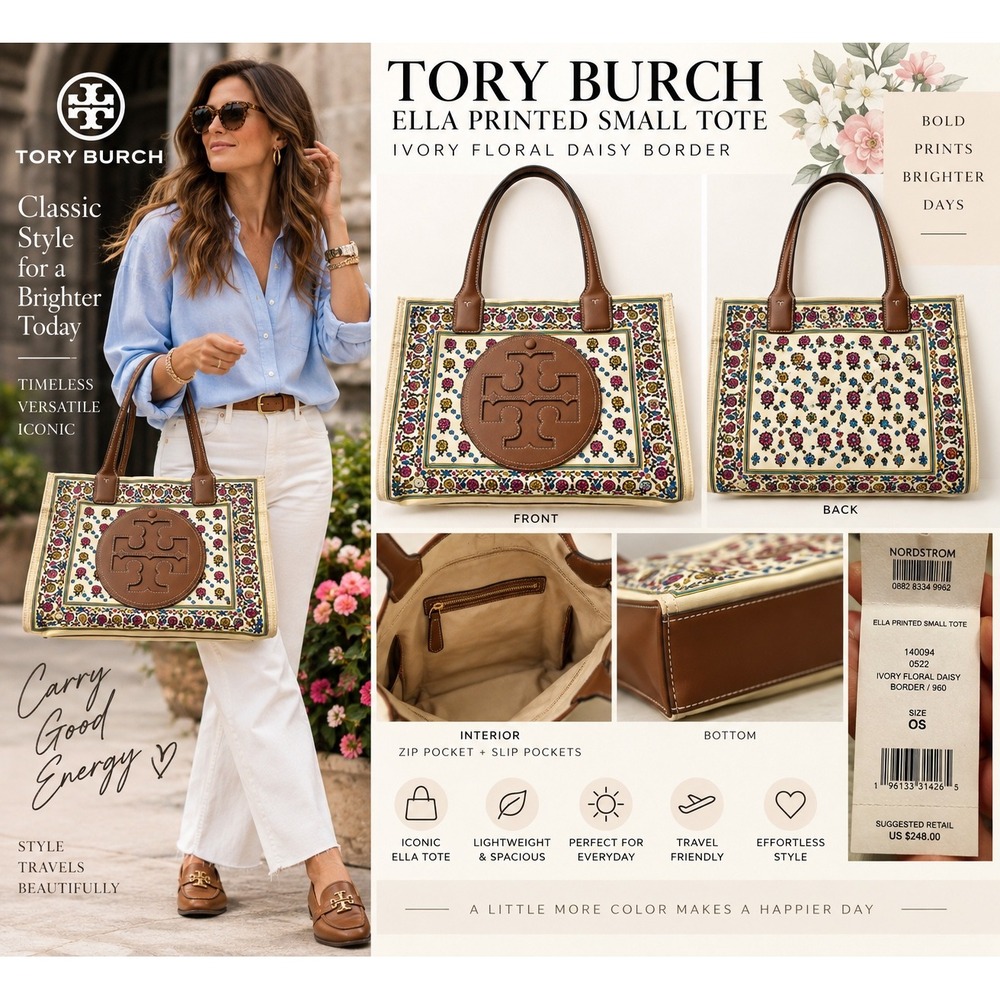 Tory Burch Ella Printed Small Tote Ivory Floral Daisy Border Bag 140094 NWT